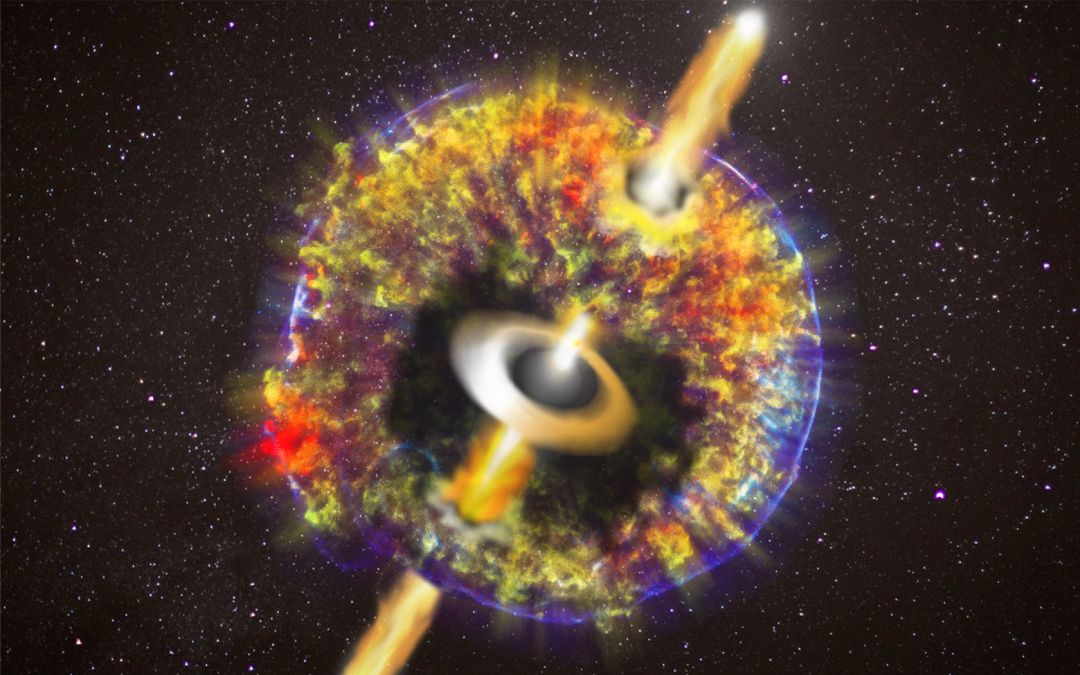 Wizja artystyczna zlania się gwiazd neutronowych z całą otoczką wyrzuconą podczas zjawiska (NASACXCGSFCB.Williams et al.)