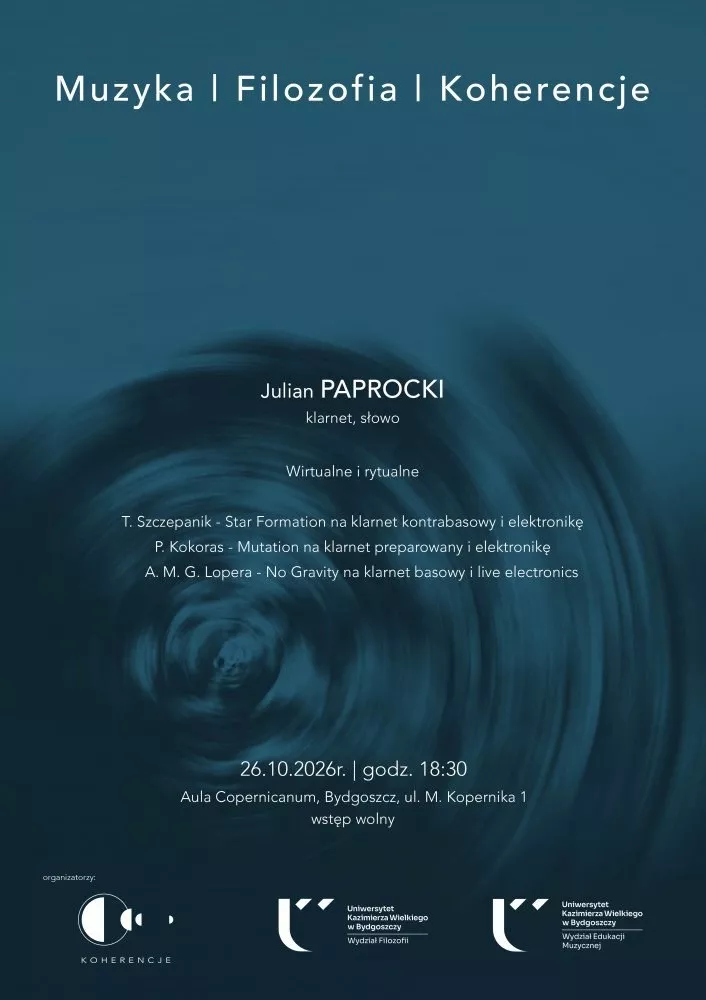 Plakat zapowiadający wykładokoncert „Wirtualne i rytualne” z cyklu „Muzyka | Filozofia | Koherencje”.